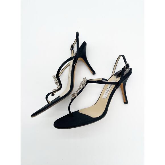 Jimmy Choo Vintage y2k Black Satin Crystal Floral Strappy Thong